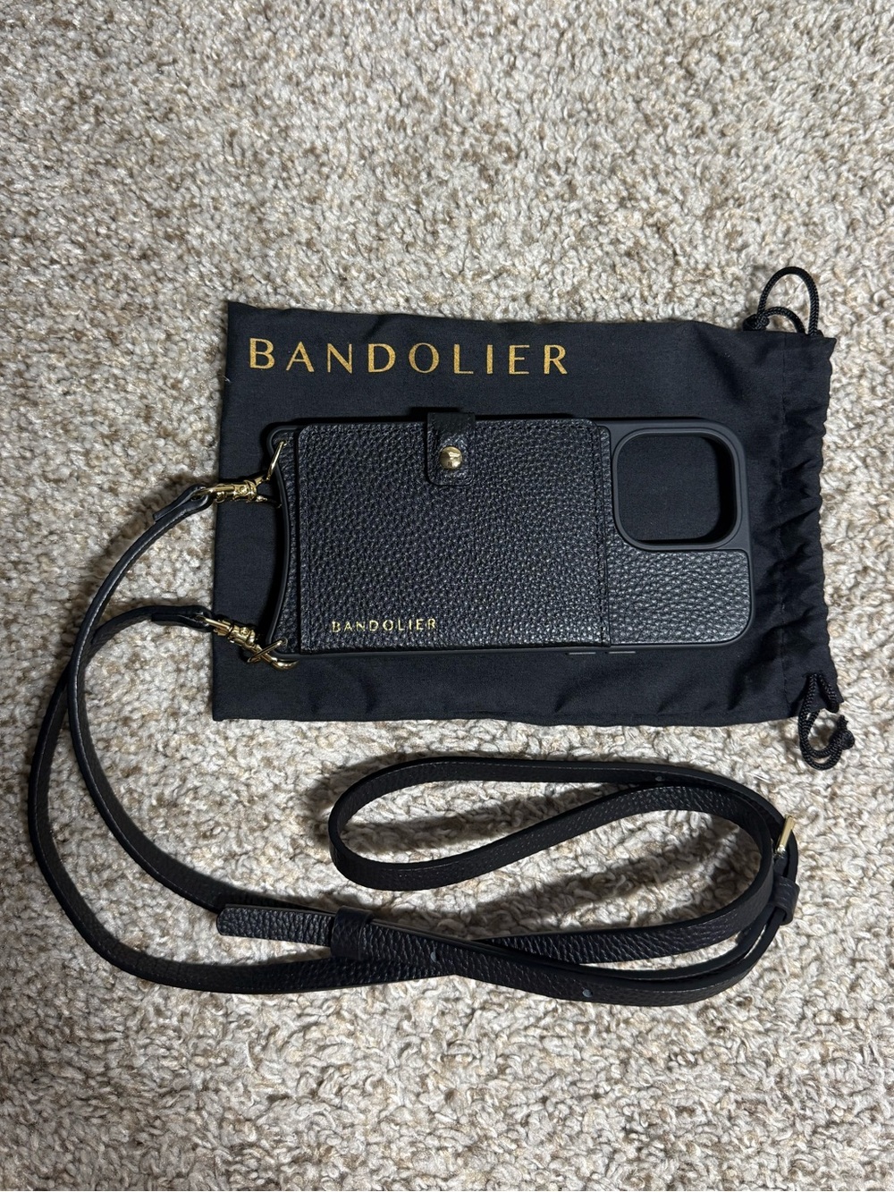 Bandolier Black Pebble Leather Crossbody iPhone 15 Pro Max Case Wallet + Strap